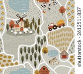 Vector seamless pattern in flat children's style with a farm map composition. Features tractor, sheep, cows, horses, sunflower fields, and trees. Perfect for kids’ designs, prints, and games.