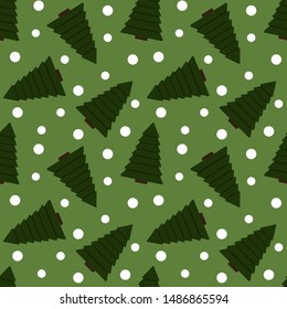 Vector seamless pattern with flat christmas trees and snowflakes. New Year festive green background. Template for wrapping paper, gift, greeting card, fabric or textile.