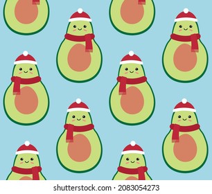 Vector seamless pattern of flat Christmas avocado isolated on blue background