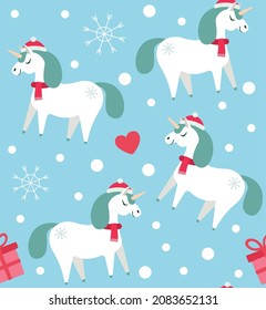 Vector seamless pattern of flat Christmas unicorn isolated on blue background