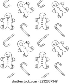 Vector seamless pattern of flat Christmas ginger bread man and mint candies isolated on white background