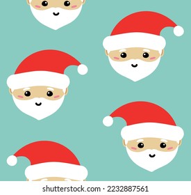 Vector seamless pattern of flat Christmas Santa Claus face isolated on mint background