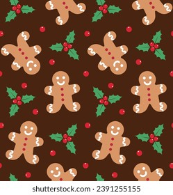 Vector seamless pattern of flat Christmas ginger bread man cookie isolated on brown background