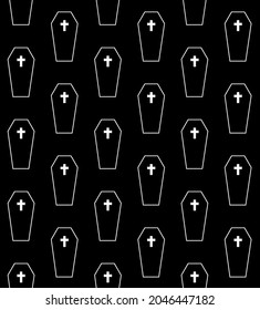 Vector seamless pattern of flat coffin isolated on black background