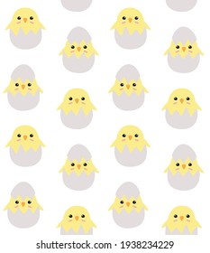 Vector seamless pattern of flat colored cartoon doodle colored chick in egg shell isolated on white background