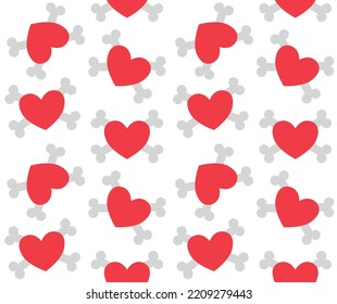 Vector seamless pattern of flat colored heart with crossed bones isolated on white background