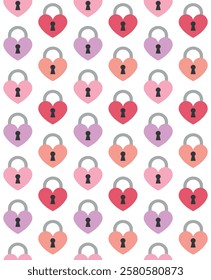 Vector seamless pattern of flat colored heart lock isolated on white background