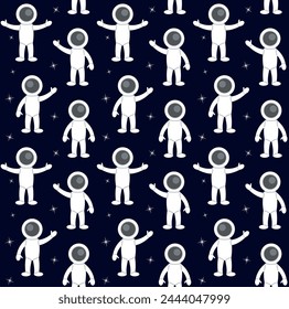 Vector seamless pattern of flat cosmonaut isolated on black background
