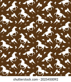 Vector seamless pattern of flat cowboy western horse silhouette isolated on brown background