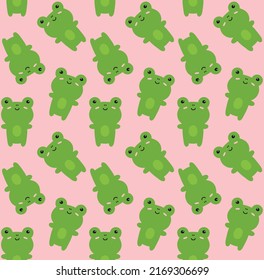 Vector seamless pattern of flat cute frog isolated on pink background