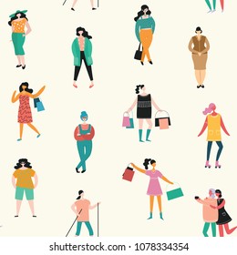 Vector seamless pattern in flat design with group of women doing different activity