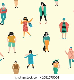 Vector seamless pattern in flat design with group of women doing different activity