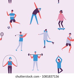 Vector seamless pattern in flat design with group of people doing different kinds of sport