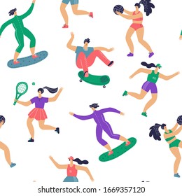 Vector seamless pattern in flat design with group of people doing different kinds of sport