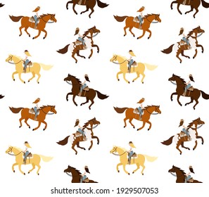 Vector seamless pattern of flat different western cowboy girl woman riding running horse isolated on white background