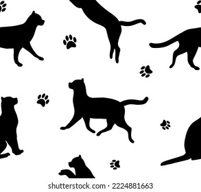 Vector seamless pattern of flat different cats silhouette isolated on white background