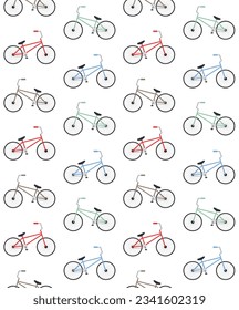 Vector seamless pattern of flat different color bmx bicycle isolated on white background
