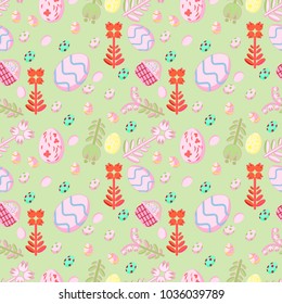 vector seamless pattern flat Easter egg baskets with eggs and flowers, green background
