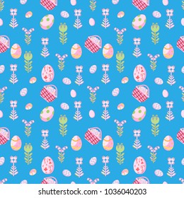 vector seamless pattern flat Easter egg baskets with eggs and flowers, blue background