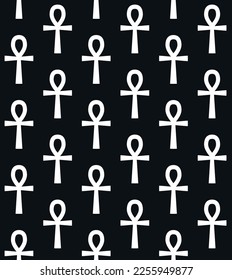 Vector seamless pattern of flat Egypt cross symbol isolated on black background