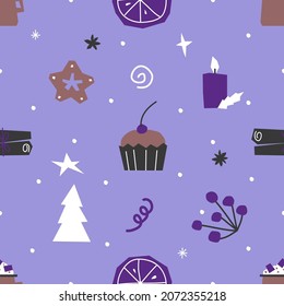 Vector seamless pattern with flat elements for Christmas and New Year Dinner. Cupcake, candle, cacao mug, cinnamon create magic xmas mood serving table. Geometrical shapes on violet background