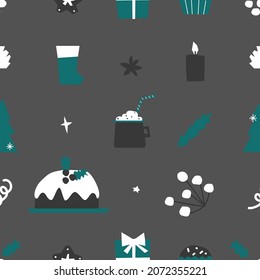 Vector seamless pattern with flat elements for Christmas and New Year Dinner. Xmas cake, cacao cup, berries and gift box lay on grey background of table. Simple geometric shapes of elements