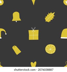 Vector seamless pattern with flat elements for New Year fabric and paper design. Yellow Christmas decorations (gift box, Santa hat) are on grey background. Scandinavian minimalistic style. 