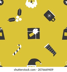 Vector seamless pattern with flat elements for New Year. Black and white Christmas decorations (gift box, Holly, Santa Claus, candy) are on golden (yellow) background. Scandinavian geometric style
