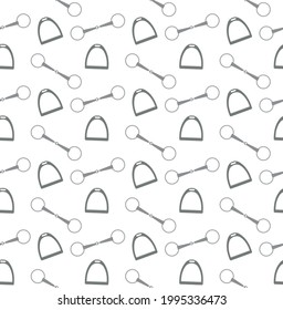 Vector seamless pattern of flat equestrian horse riding bit and stirrup isolated on white background