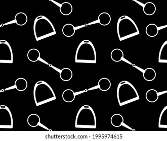 Vector seamless pattern of flat equestrian horse riding bit and stirrup isolated on black background