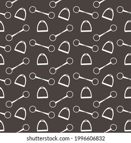 Vector seamless pattern of flat equestrian horse riding bit and stirrup isolated on brown background