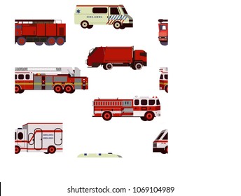 Vector seamless pattern with flat fire trucks ambulances and garbage trucks