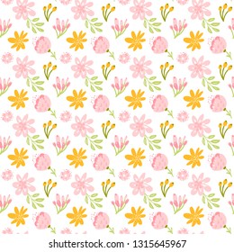 Vector seamless pattern with flat flower bouquet and leaves. Cute floral background for your design. Pastel colors - light pink, yellow elements on white backdrop