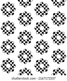Vector seamless pattern of flat flower with chess board checkered texture isolated on white background