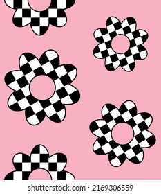 Vector Seamless Pattern Of Flat Flower With Checkered Chessboard Texture Isolated On Pink Background