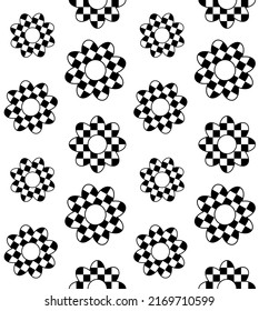 Vector Seamless Pattern Of Flat Flower With Checkered Chessboard Texture Isolated On White Background