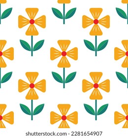 Vector seamless pattern with flat vector flowers. Cute yellow floral background for textile, fabric, wrapping, scrapbook. Childish design. On white backdrop.