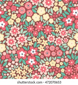 Vector seamless pattern with flat flowers and leaves. Cute floral background for your design. Light color plants on brawn background.