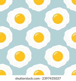 Vector Seamless Pattern with Flat Fried Egg, Omelet on a Blue Background. Healthy Breakfast, Protein Food, Diet Meal Concept. Design Template