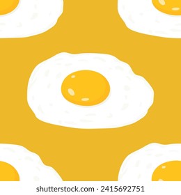 Vector Seamless Pattern with Flat Fried Egg, Omelet on a Yellow Background. Healthy Breakfast, Protein Food, Diet Meal Concept. Design Template