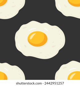 Vector Seamless Pattern with Flat Fried Egg, Omelet on a Black Background. Healthy Breakfast, Protein Food, Diet Meal Concept. Design Template