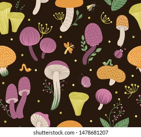 Vector seamless pattern of flat funny mushrooms with berries, leaves and insects. Autumn repeating background for children’s design. Cute fungi illustration on black backdrop