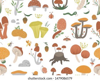 Vector seamless pattern of flat funny mushrooms with berries, leaves and insects. Autumn repeat background for children’s design. Cute fungi texture with acorns and cones