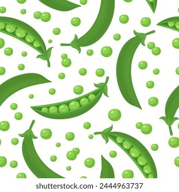 Vector Seamless Pattern with Flat Green Pea Pod. Cartoon Green Peas Design Template for Textile, Wallpaper, Culinary Packaging