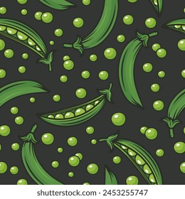 Vector Seamless Pattern with Flat Green Pea Pod. Cartoon Green Peas Design Template for Textile, Wallpaper, Culinary Packaging