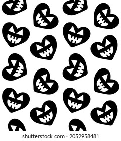 Vector seamless pattern of flat hand drawn heart with Halloween pumpkin face silhouette isolated on white background