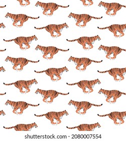 Vector seamless pattern of flat hand drawn tiger isolated on white background