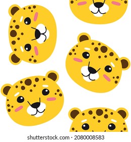 Vector seamless pattern of flat hand drawn leopard face isolated on white background