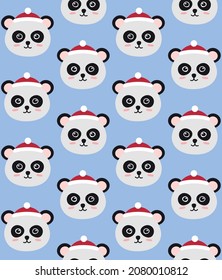 Vector seamless pattern of flat hand drawn panda face in Christmas hat isolated on blue background
