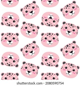 Vector seamless pattern of flat hand drawn pink leopard face isolated on white background